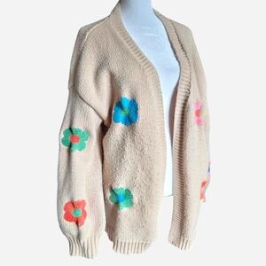 BiBi Cream Open-Front Sweater Cardigan with Pastel Flower Patches